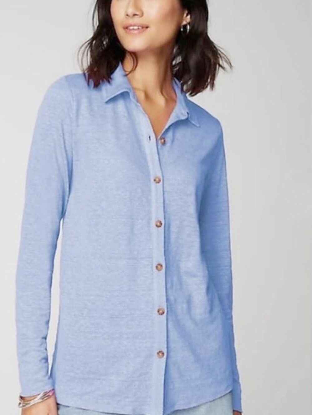 J.JILL Love Linen Button Down Shirt Cornflower Blue Knit Oversized Jill Large